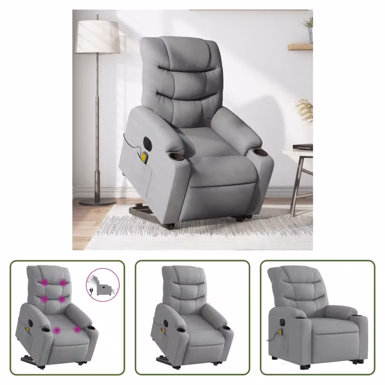 The Living Store Poltrona massaggiante elettrica con ausilio per la posizione eretta Tessuto grigio chiaro
