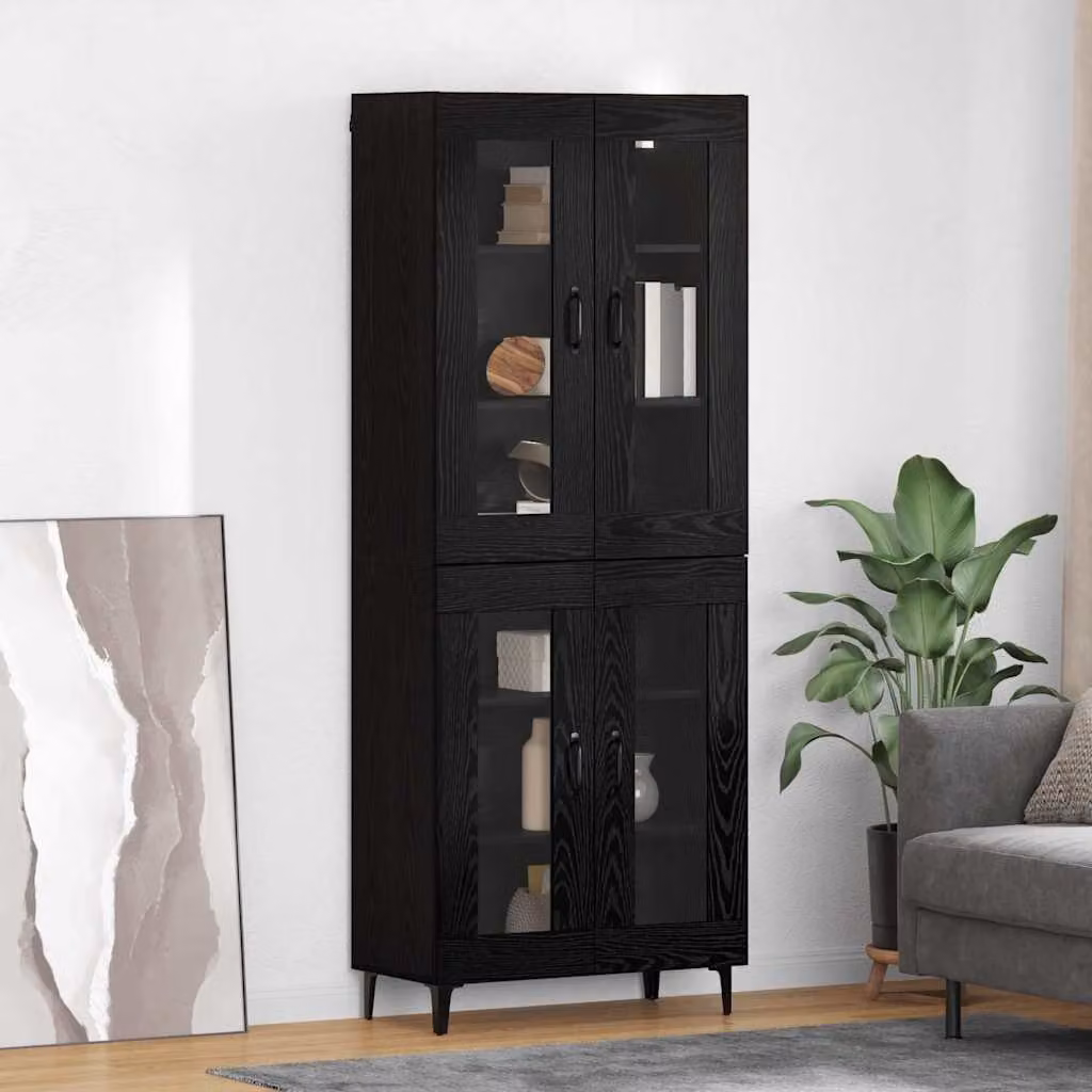 Credenza a parete vidaXL in legno e metallo con ante in vetro, colore nero opaco, L: 69,5 cm, P: 34 cm, H: 180 cm