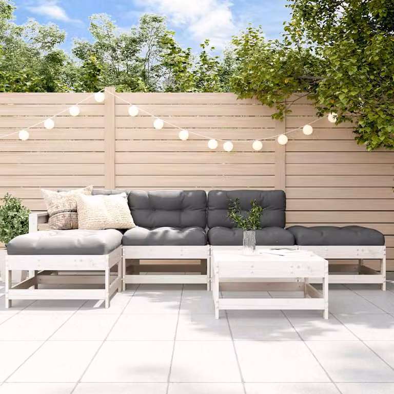 Set Salotto da Giardino vidaXL 6 pz in Legno di Pino Bianco con Cuscini e Design a L