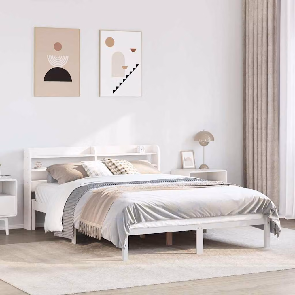 Letto in legno di pino massello bianco con ripiani laterali stile rustico L/P/H: 190 x 145 x 208 cm – 1