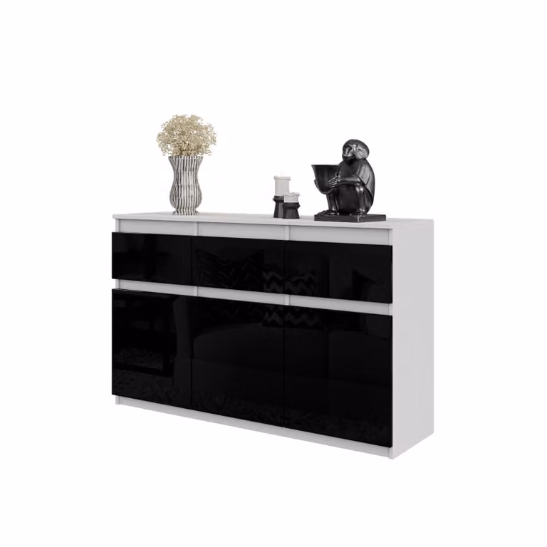 NOAH – Comò / Credenza con 3 cassetti e 3 ante – Bianco opaco / Nero lucido – Altezza 75 cm, Larghezza 120 cm, Profondità 35 cm