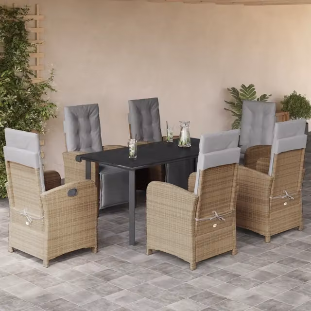 Set da Pranzo da Giardino 7 Pezzi vidaXL in Polyrattan con Cuscini Beige e Tavolo in Vetro