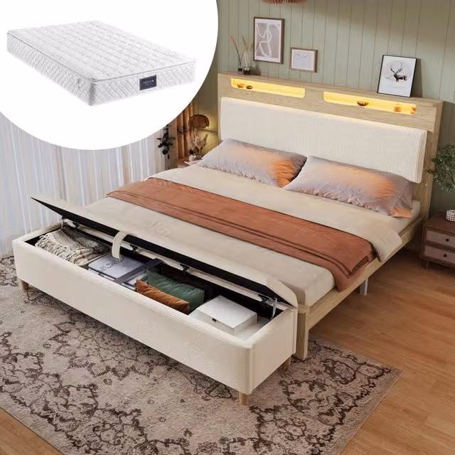 Letto REDOM moderno in legno e tessuto a coste beige con base contenente a sollevamento e illuminazione sottostante L/P/H: 253 x 140 x 110 cm