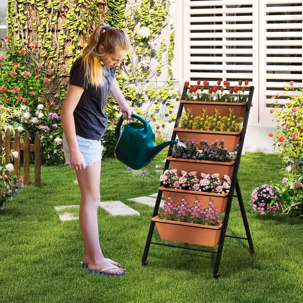 Letto da giardino rialzato a 5 livelli con 5 contenitori in metallo e plastica, Marrone – 2