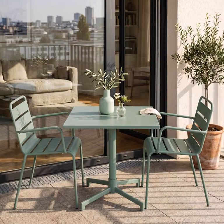 Set di tavolo da 70 cm e 2 sedie da giardino in metallo verde salvia - Oviala Palavas