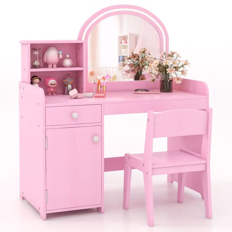COSTWAY Set da toeletta per bambini 2 in 1, toeletta con sgabello, luci LED, specchio, armadietto e cassetto, rosa