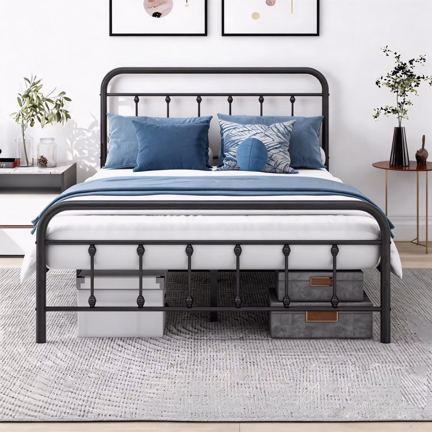 Struttura per letto matrimoniale con testiera e pediera, rete a doghe, colore nero, dimensioni 138x197 cm