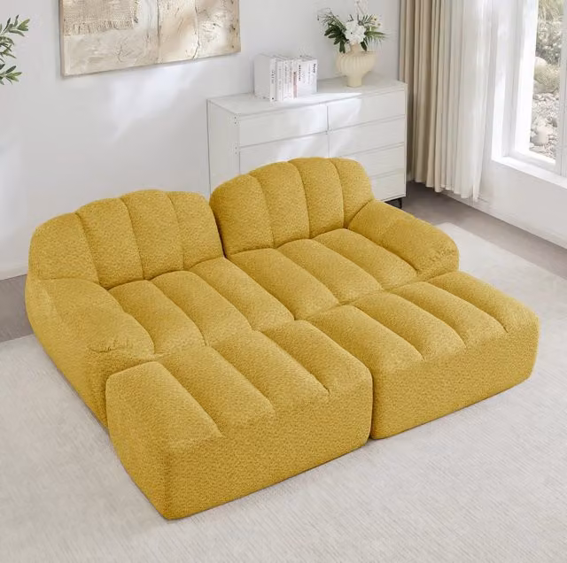 Divano modulare 2 posti con ottoman collegabile in tessuto fleece granulato; giallo