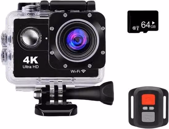 Videocamera d'azione 4K impermeabile con obiettivo grandangolare da 170°, telecomando e zoom 5x, 64 GB di memoria.