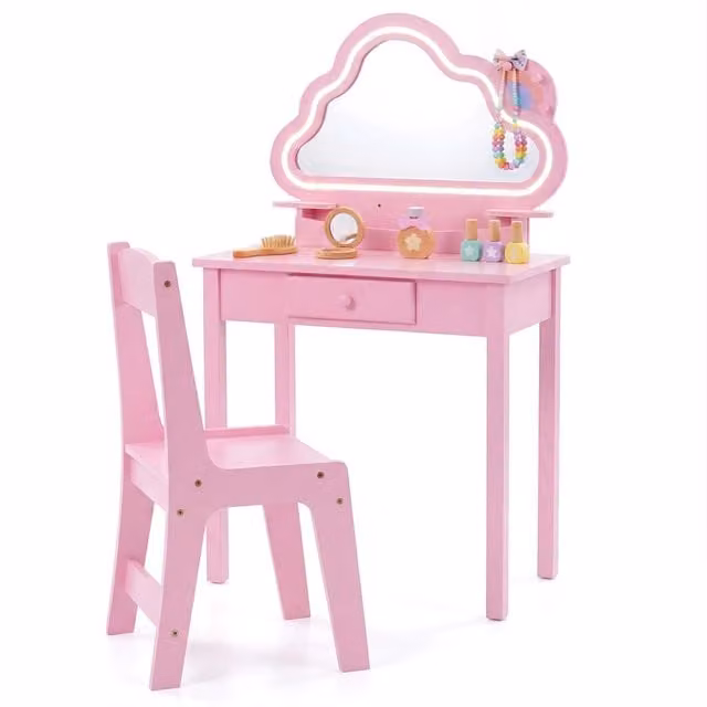 Set postazione trucco Hollywood LED per bambini con specchio a forma di nuvola, sgabello e cassetto in legno, colore rosa