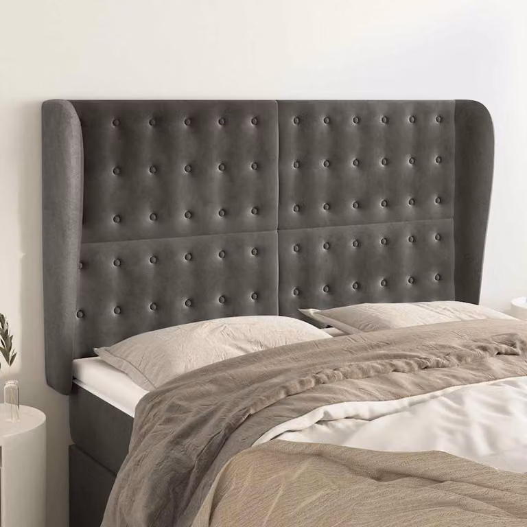 Testiera ad orecchio vidaXL in velluto grigio scuro, L/P/H: 147 x 23 x 118/128 cm