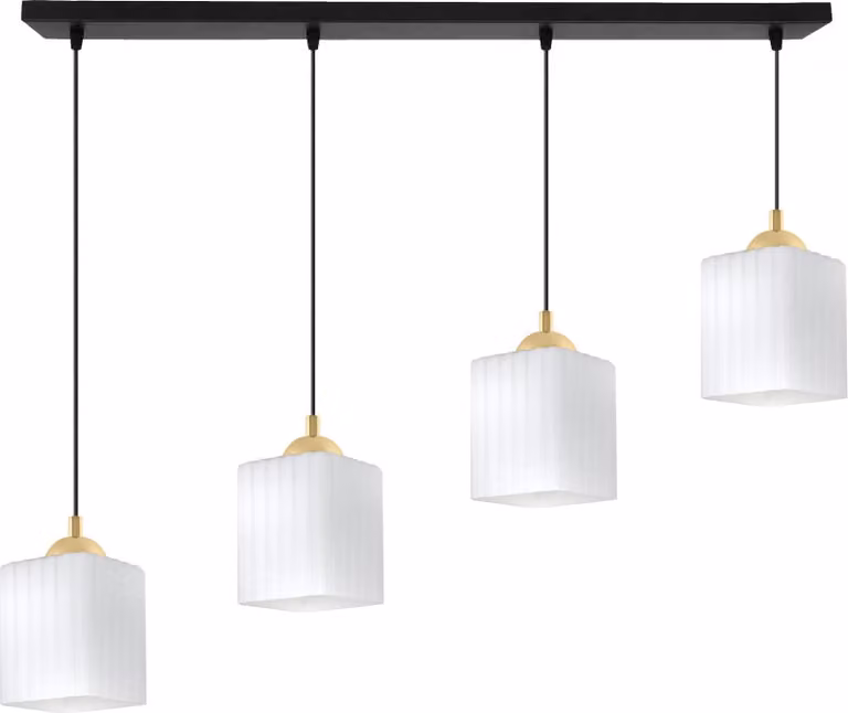 Lampada a sospensione Riffle nera e dorata a 4 luci con paralumi cubici bianchi E27 – elegante lampada a sospensione per interni moderni