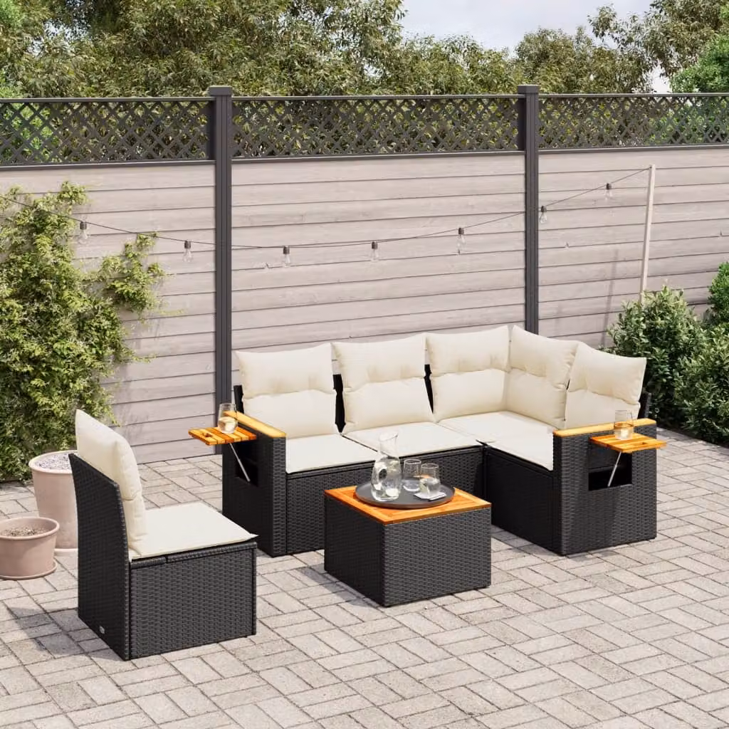 vidaXL Set Divano da Giardino a L 6 pz in Polyrattan Nero con Cuscini e Tavolino – 1