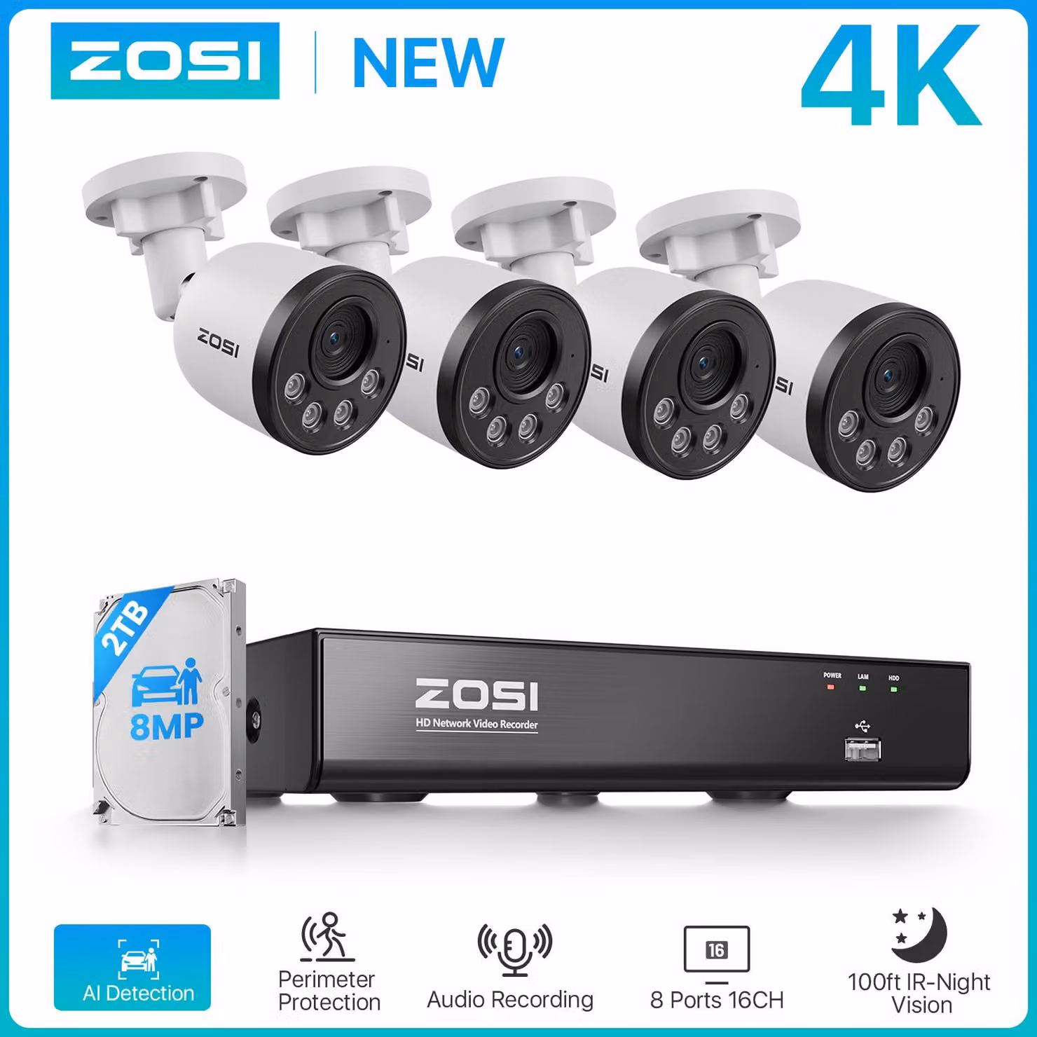 Sistema di videosorveglianza con registratore NVR a 8 canali e 4 telecamere 4K Ultra HD da 8 megapixel, con alloggiamento in metallo