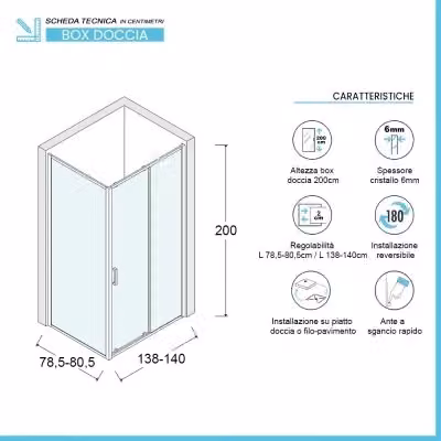 Box doccia angolare scorrevole in cristallo trasparente L: 140 cm, P: 80 cm, H: 200 cm – 2