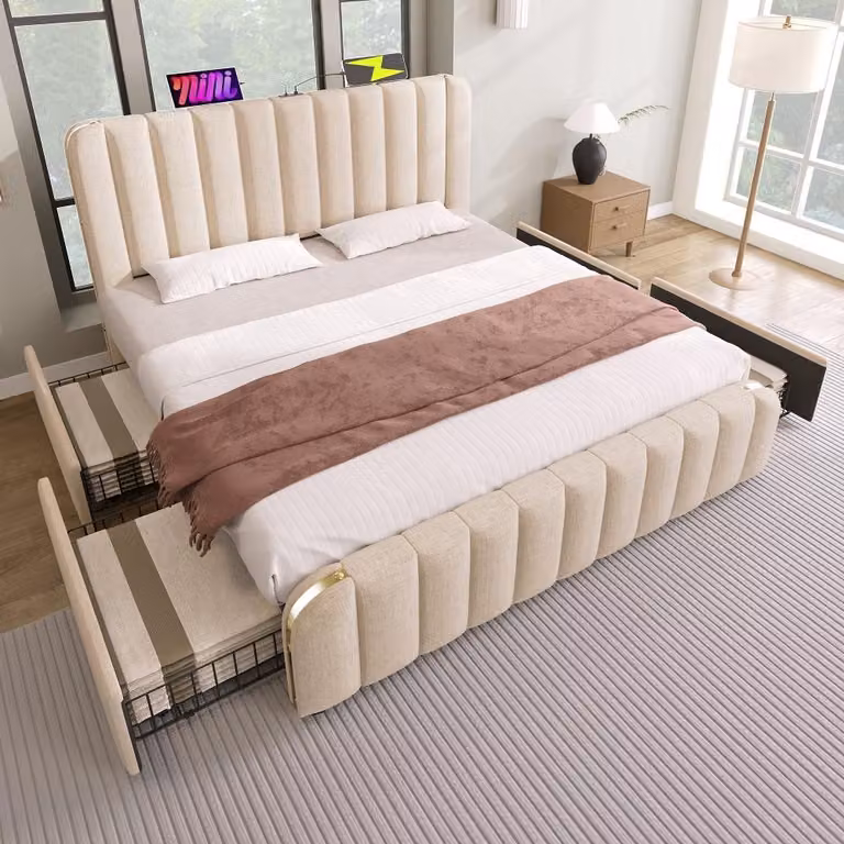 Letto imbottito 180x200 cm rivestito in lino beige, con testiera imbottita, prese USB e di tipo C, 4 cassetti e rete a doghe