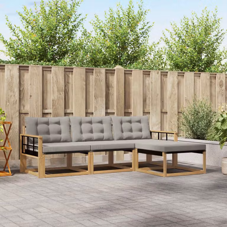 Set di divani da esterno vidaXL a forma di L composto da 4 pezzi con pouf, in legno di acacia e tessuto textilene, colori bianco, grigio e marrone