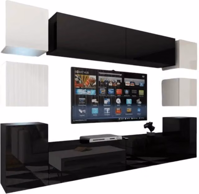 Set di mobili da soggiorno sospesi Meublorama collezione CEPTO XIV, 10 pezzi, nero e bianco con illuminazione LED integrata, L: 256 cm – 1