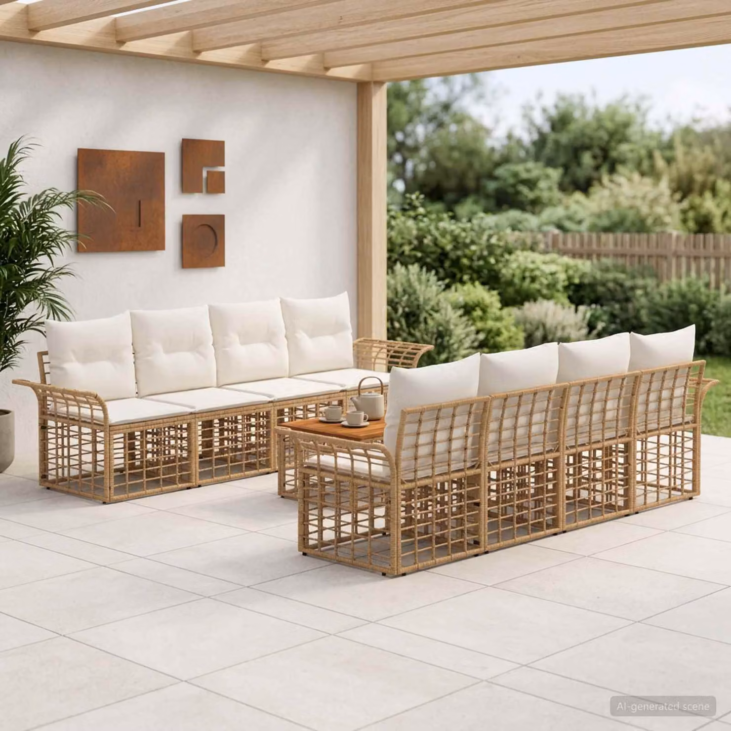 Set di divani da esterno vidaXL in polyrattan a forma di U con tavolo da caffè, 9 pezzi, Naturale e Bianco Crema