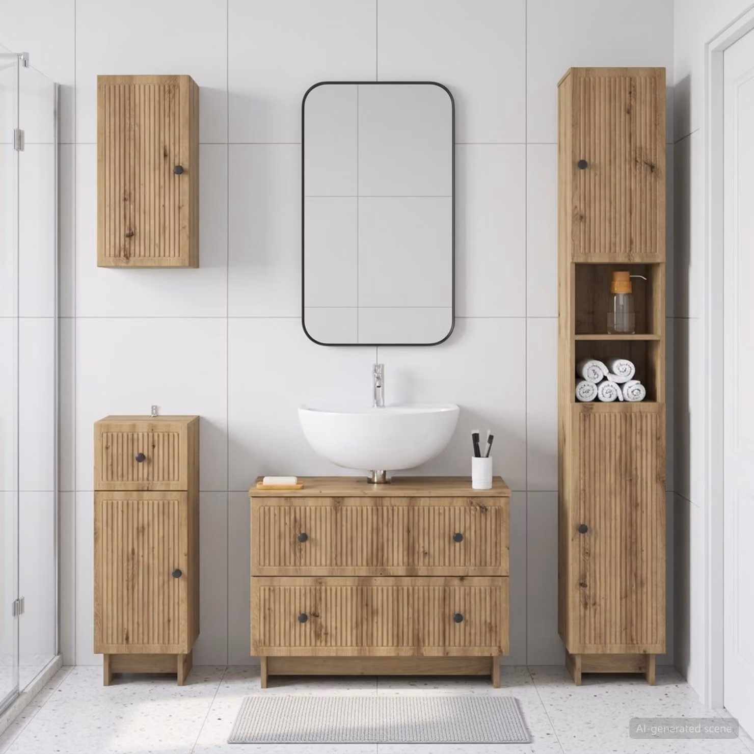 Set di mobili da bagno moderno vidaXL EDE in legno marrone composto da 4 pezzi con mobile sottolavabo e pensile a muro