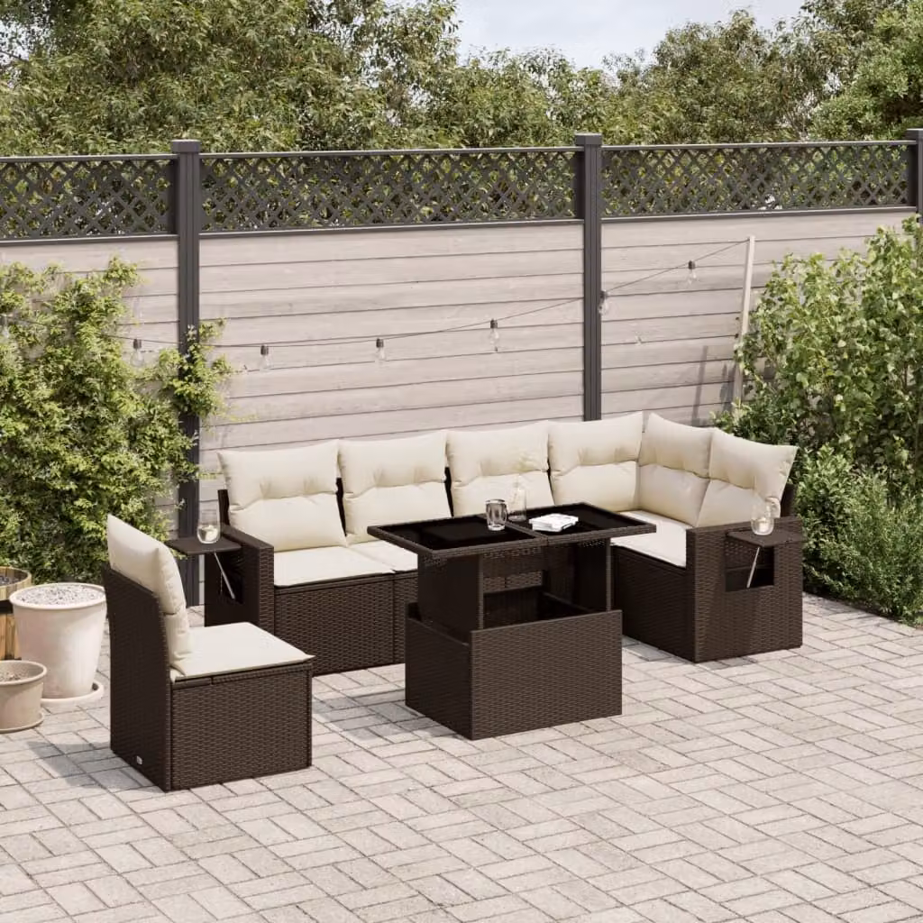 vidaXL Set Divani da Giardino 7 pz a Forma a L in Polyrattan Marrone con Cuscini e Tavolino da Esterno – 1