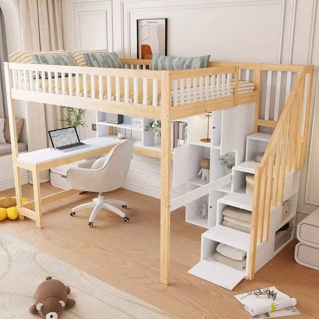 Letto a soppalco matrimoniale OKWISH bianco con scala contenitore, scrivania e illuminazione LED, L/P: 140 x 200 cm