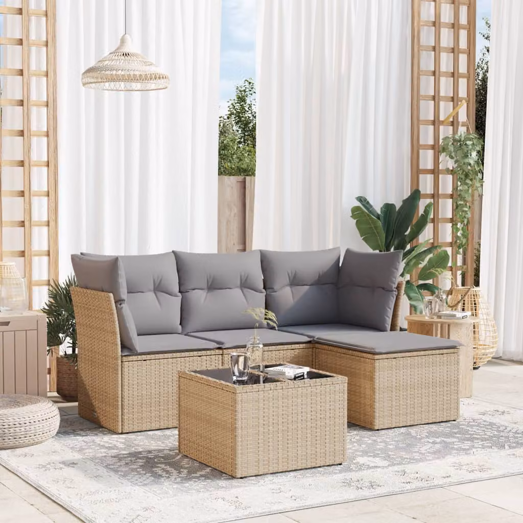 vidaXL Set Divano da Giardino 5 pz a L con Cuscini Beige in Polyrattan e Tavolino da Caffè – 1