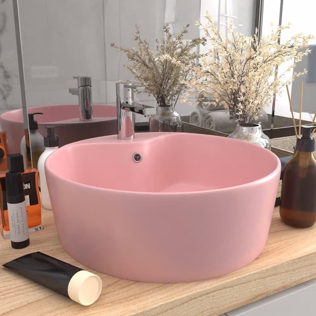 The Living Store Lavabo con troppopieno rosa opaco 36x13 cm in Vetroceramica