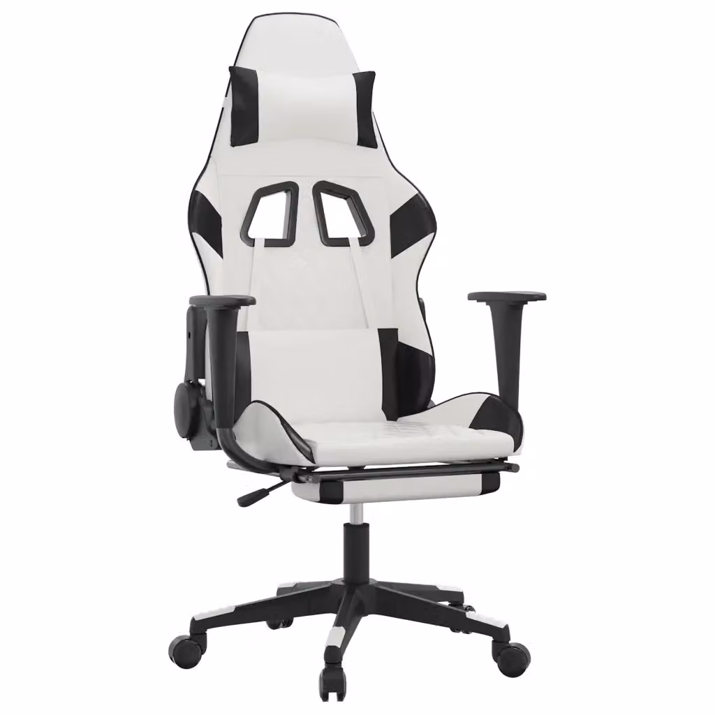 Sedia da Gaming vidaXL con Poggiapiedi, Bianco e Nero in Similpelle, Regolabile e Girevole 360° – 2