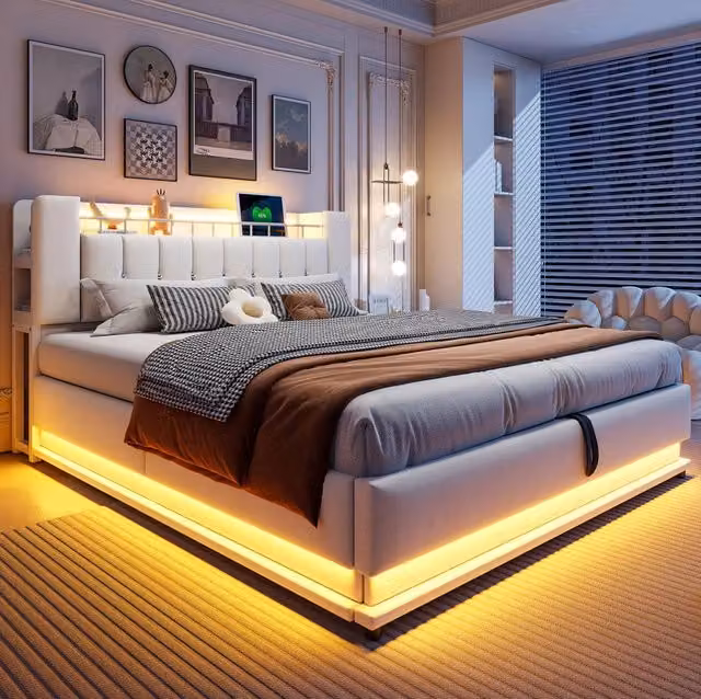 Letto imbottito 180x200 cm con LED; porte USB e contenitore idraulico; beige