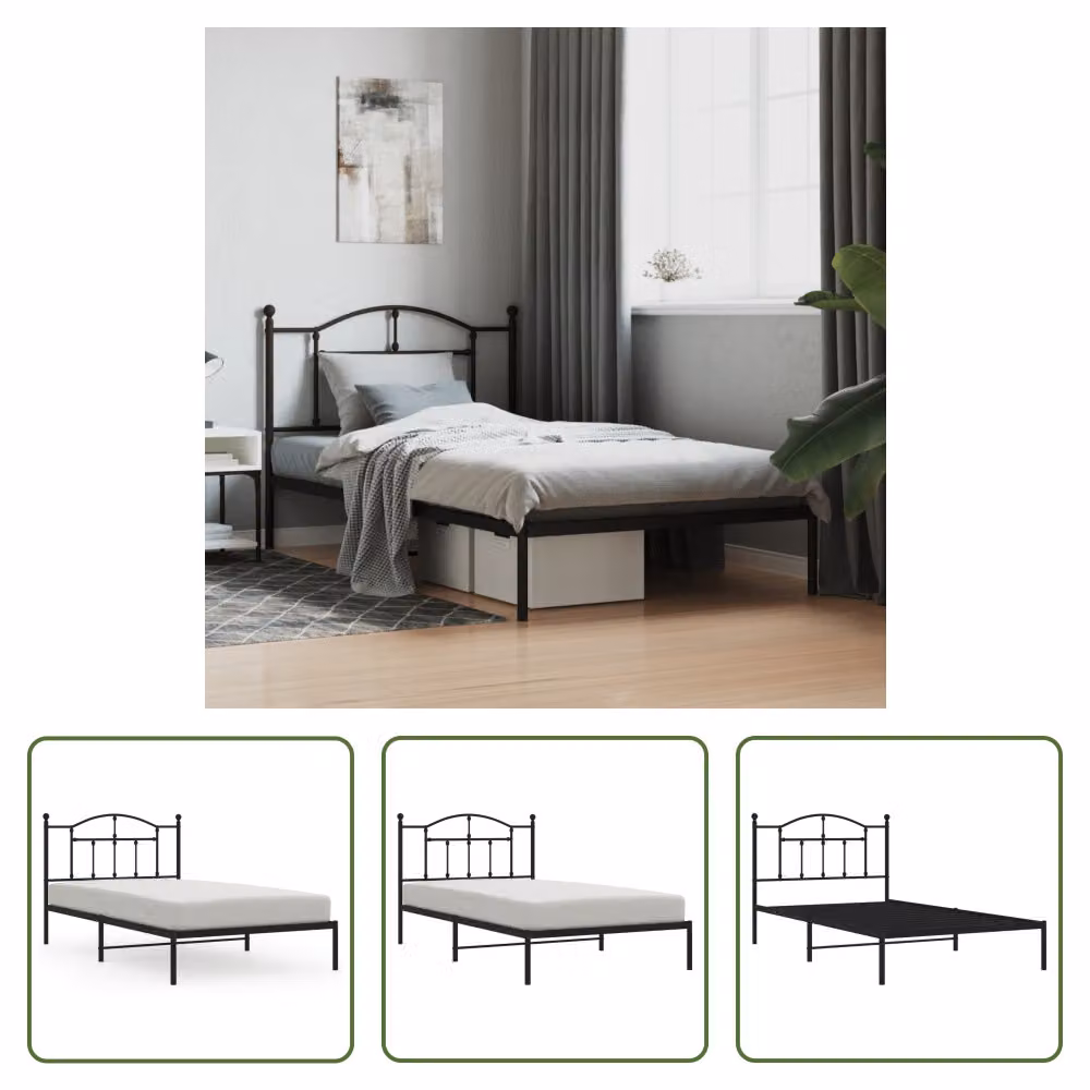 The Living Store Struttura letto con testiera in metallo nero 100x200 cm