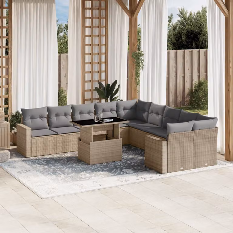 vidaXL Set Divani da Giardino 11 pz a Forma a L con Cuscini Beige e Tavolino in Polyrattan e Acciaio