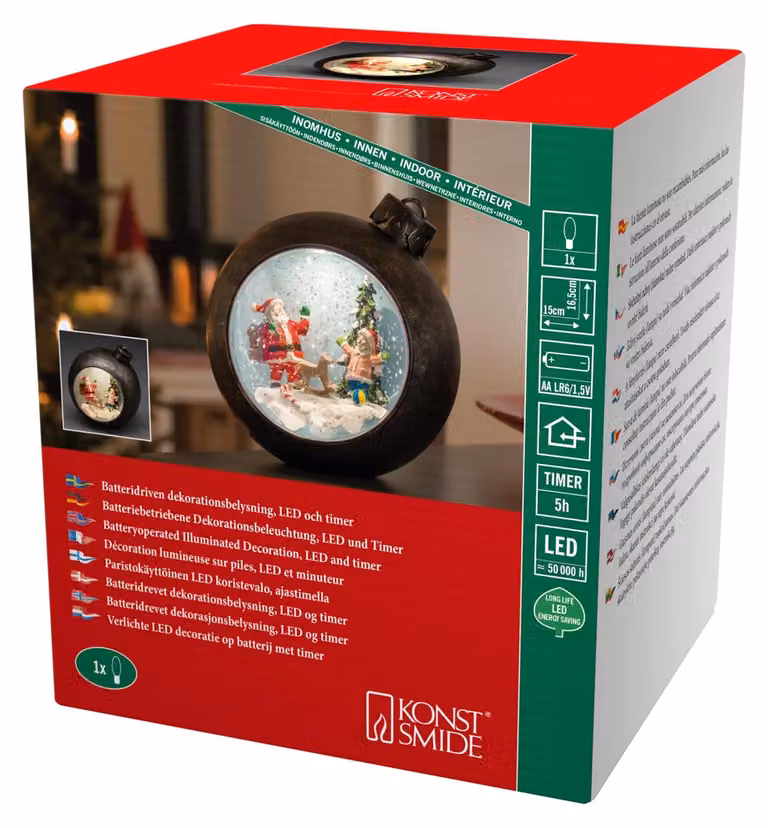 Palla di Natale a LED con bambini, riempita d'acqua, con timer, luce bianco caldo