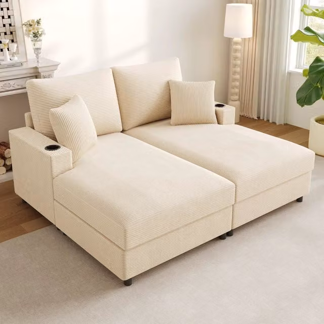 Divano 2 posti 163x140x82 cm con supporto per cellulare girevole e porte USB e USB-C in velluto a coste beige