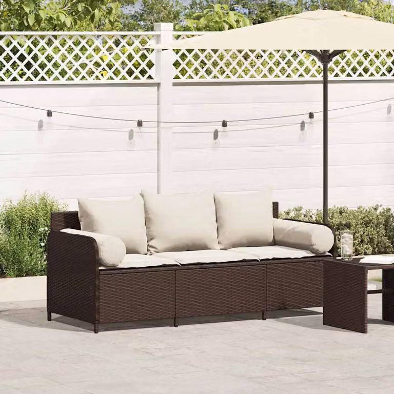 vidaXL Divano da Giardino a 3 Posti in Polyrattan Marrone e Bianco con Cuscini Imbottiti e Rivestimenti Rimovibili