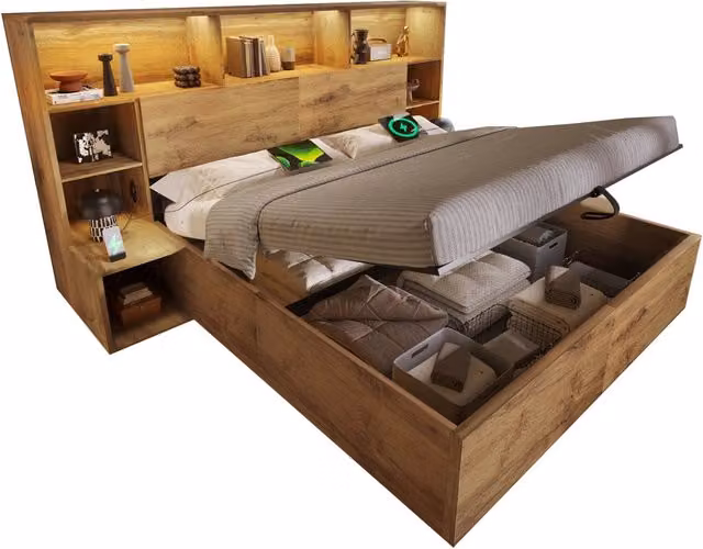 Letto matrimoniale 180x200 cm con contenitore idraulico; LED e USB/USB-C; rovere