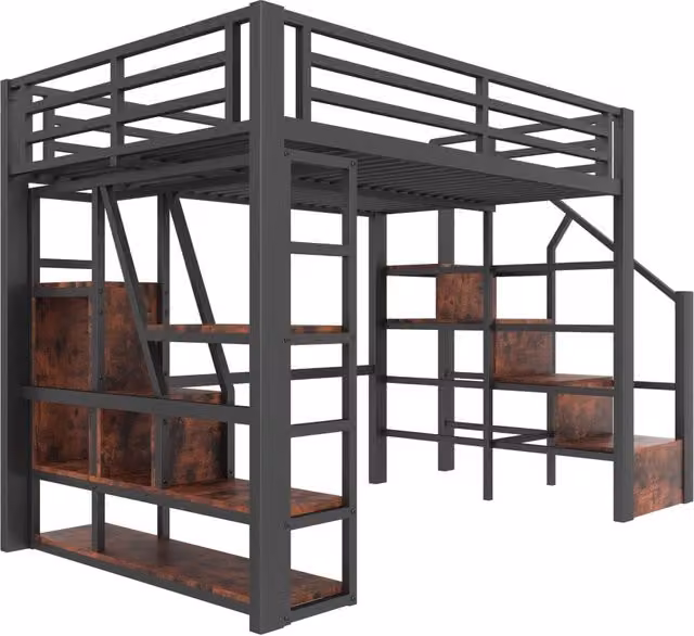 Letto a soppalco 140x200 cm con struttura in metallo, scaletta integrata e luce LED, colore nero