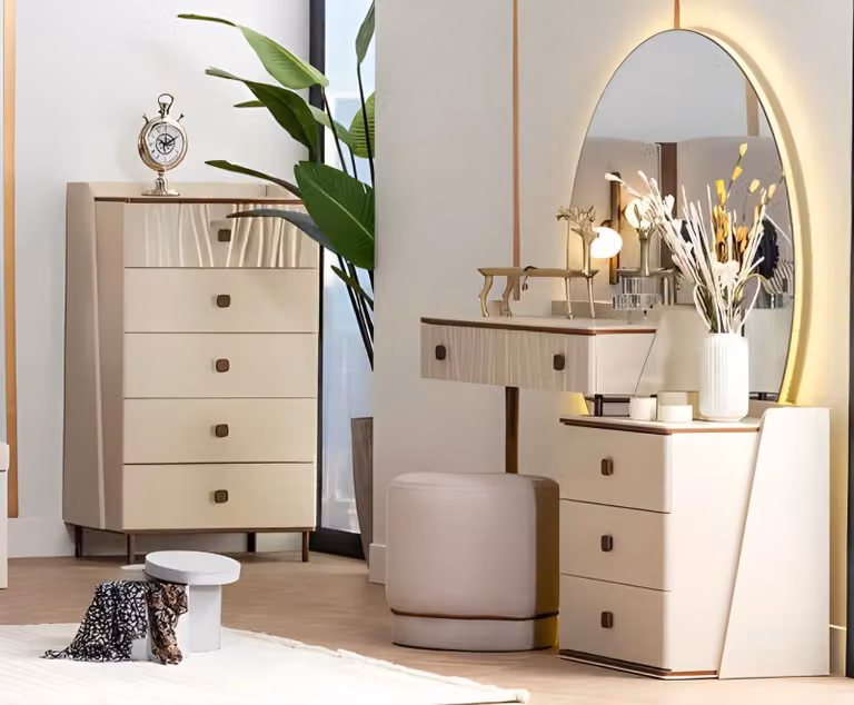 Gruppe Kommode Schminktisch Puff Schrank Konsole Holz Beige Frisiertisch