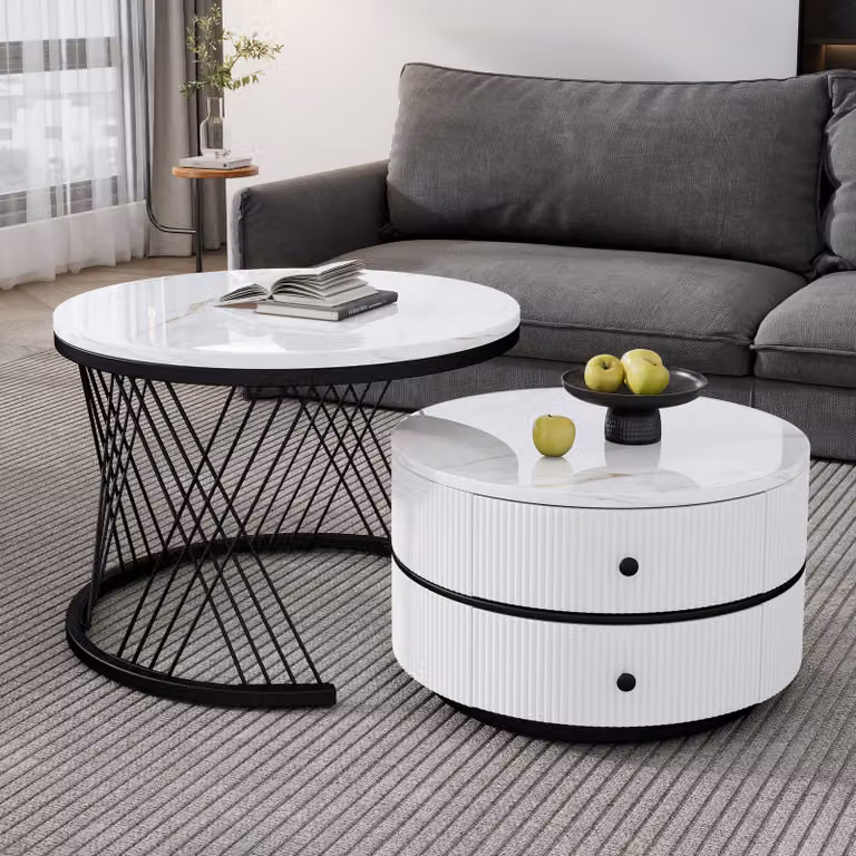 Set di tavolini STILVORA con finitura lucida, set da 2 tavolini da salotto con effetto marmo, tavolino con 2 cassetti, bianco + nero
