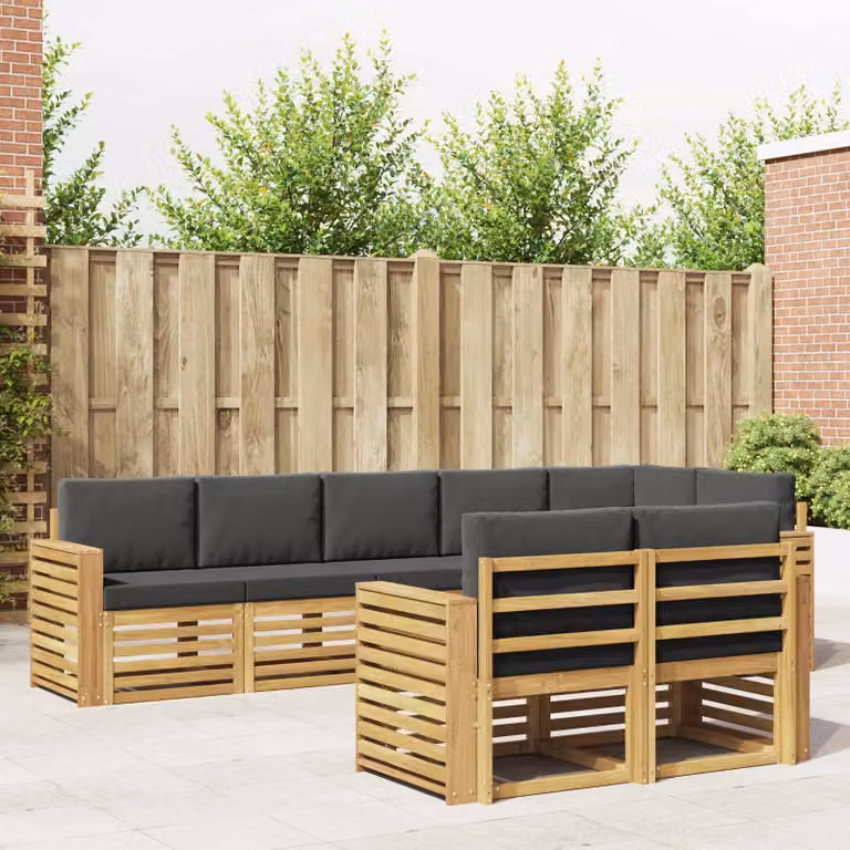 vidaXL Set di divani da esterno a L composto da 8 pezzi in legno di acacia con cuscini bianchi e antracite