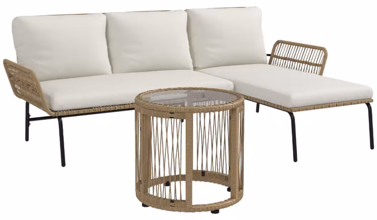 Set di mobili da giardino Set di mobili da salotto, rattan PE, 122 x 79 x 75 cm, naturale + bianco crema