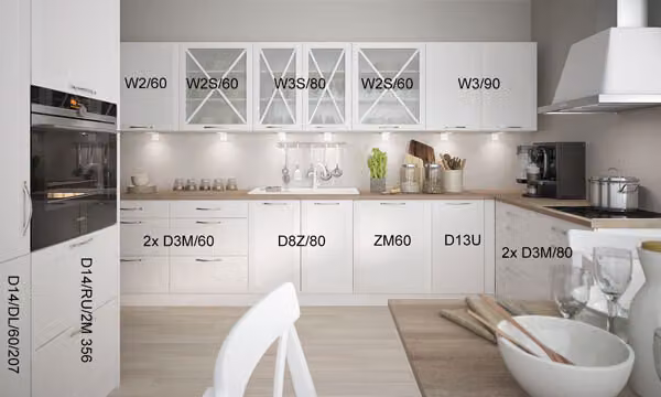 Blocco cucina a L TIVOLI 365x228cm bianco segnale frontale bianco semi opaco