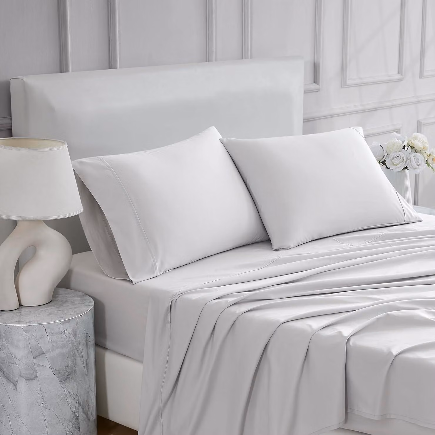 Set di lenzuola matrimoniali Percal, colore grigio chiaro, composto da 4 pezzi