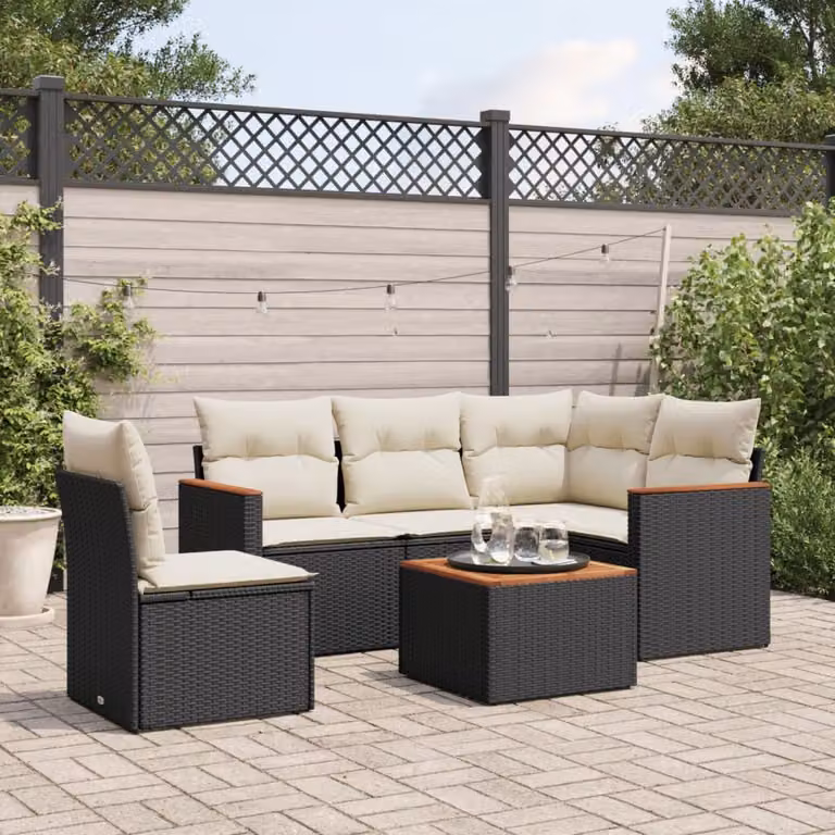 Set Divano da Giardino a L vidaXL 6 pz con Cuscini Nero in Polyrattan e Acciaio