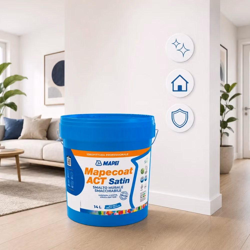 Mapei Mapecoat Act Satin Smalto Murale Lavabile Antimuffa e Antibatterico Bianco 14 l – 2