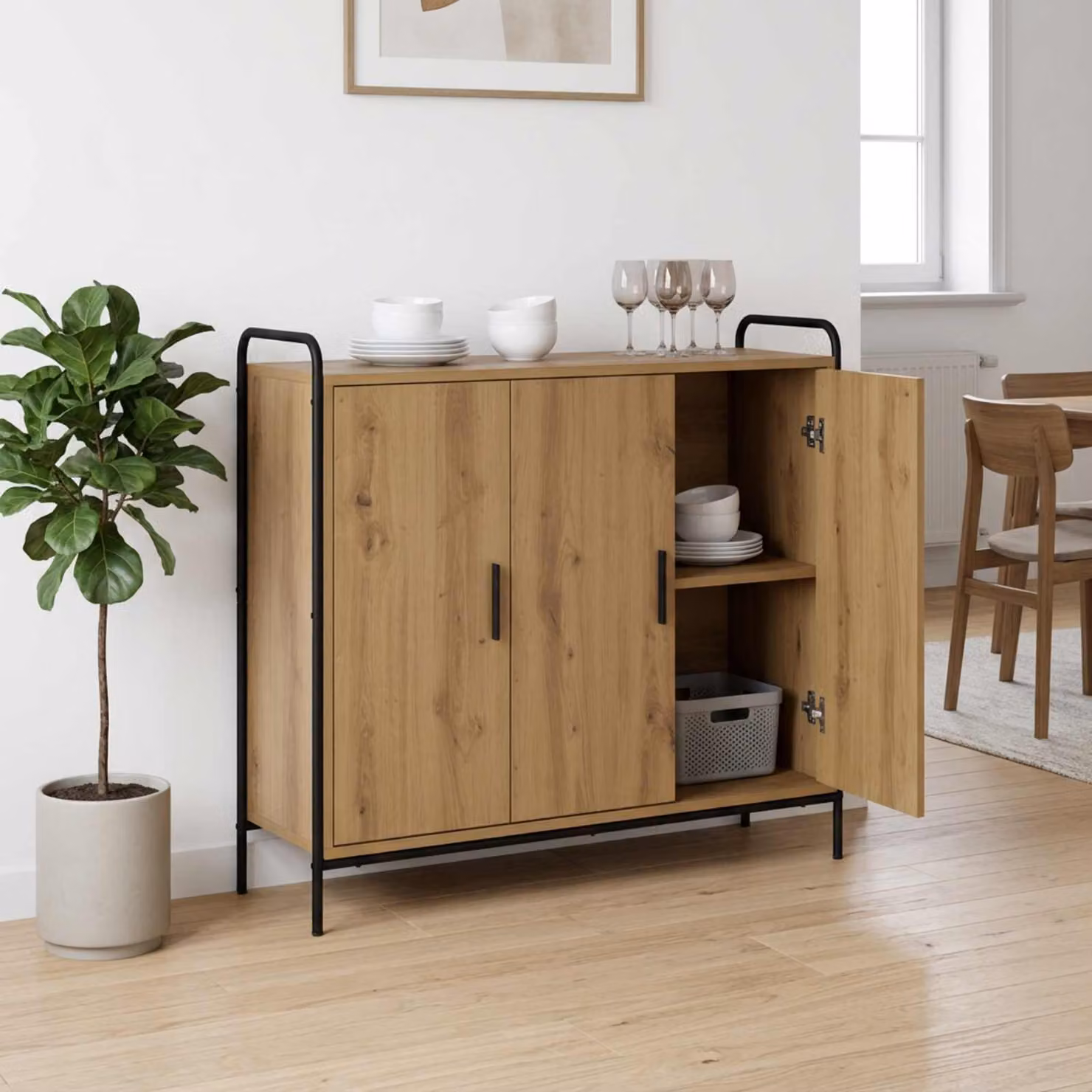 Credenza moderna vidaXL in rovere e metallo, colore marrone, L: 98,5 cm, P: 33 cm, H: 81 cm