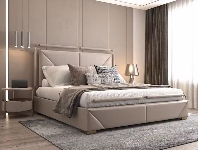 Luxus Bettgestell Modernes Design Beige mit Goldakzenten und Stilvollem Kopfteil