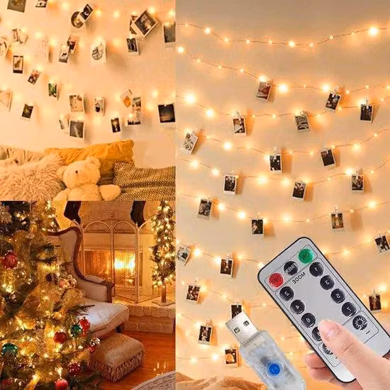 Decorazioni natalizie per esterni - Luci a filo con foto - 100 LED - 10 m - Filo di rame - Effetto candela - Bianco caldo - 8 modalità