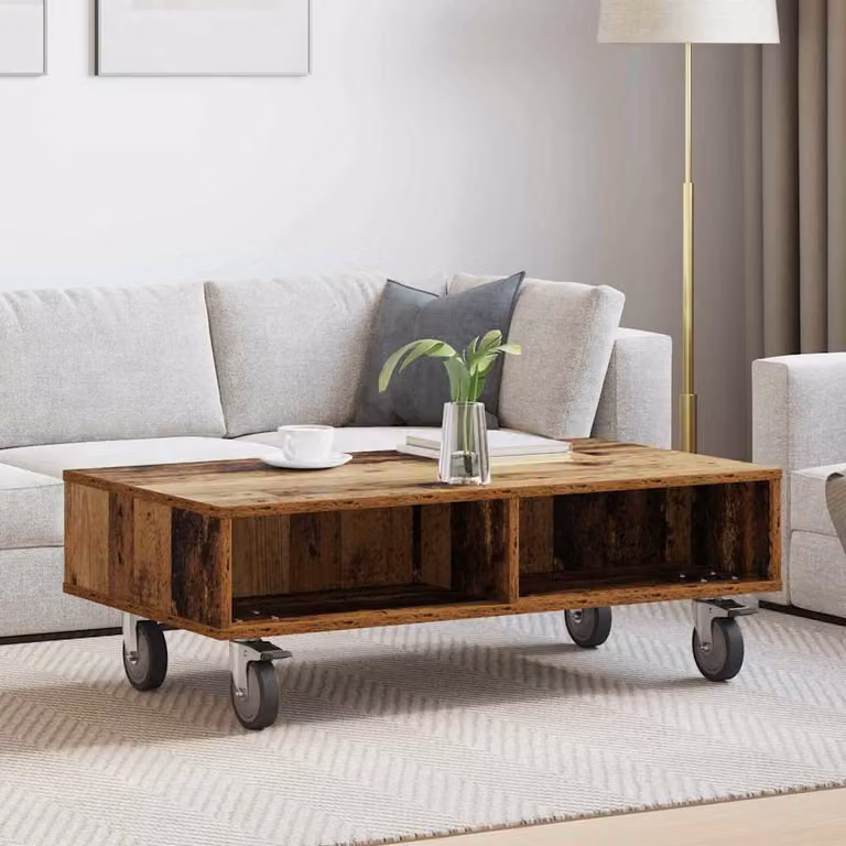 vidaXL Tavolino rettangolare con ruote in legno effetto vecchio, marrone, L 90 x P 50 x H 30 cm