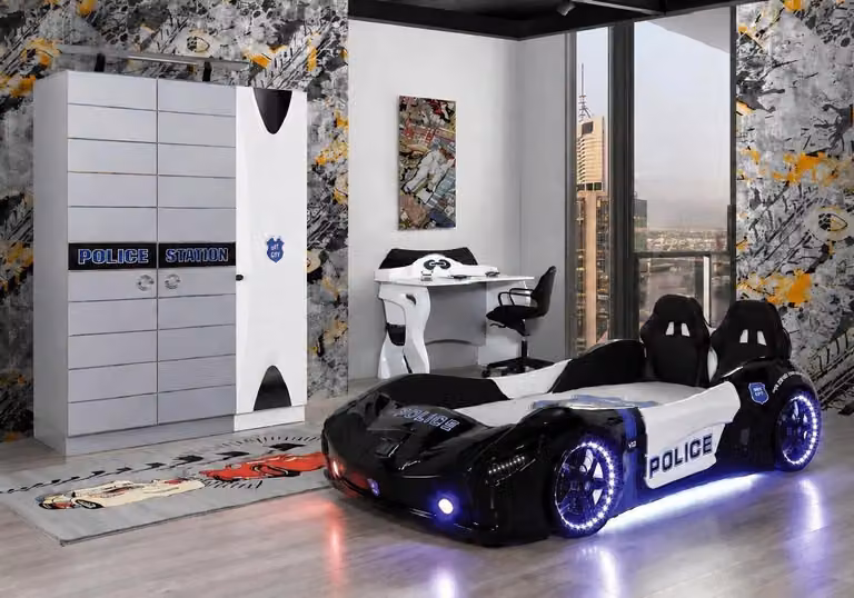 Polizia, letto a forma di automobile, lettino per bambini, auto da corsa, lampada LED, armadio, scrivania